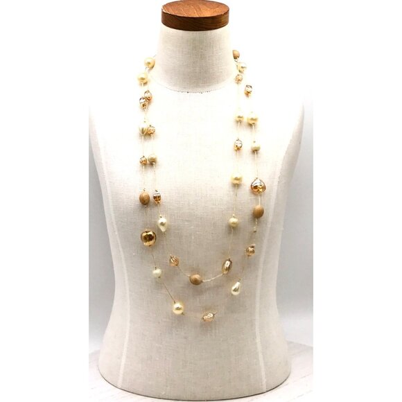 Vintage Style Long Gold & Cream Glass Beaded Necklace With Mixed Shapes & Textur - Picture 3 of 3